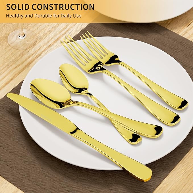Silverware Set for 6, 30 Pieces Heavy Duty Stainless Steel Flatware Set, Mirror Polished Cutlery Utensil Set, Dinner Fork Knife Spoon Eating Tableware Set for Home, Dishwasher Safe, Gold