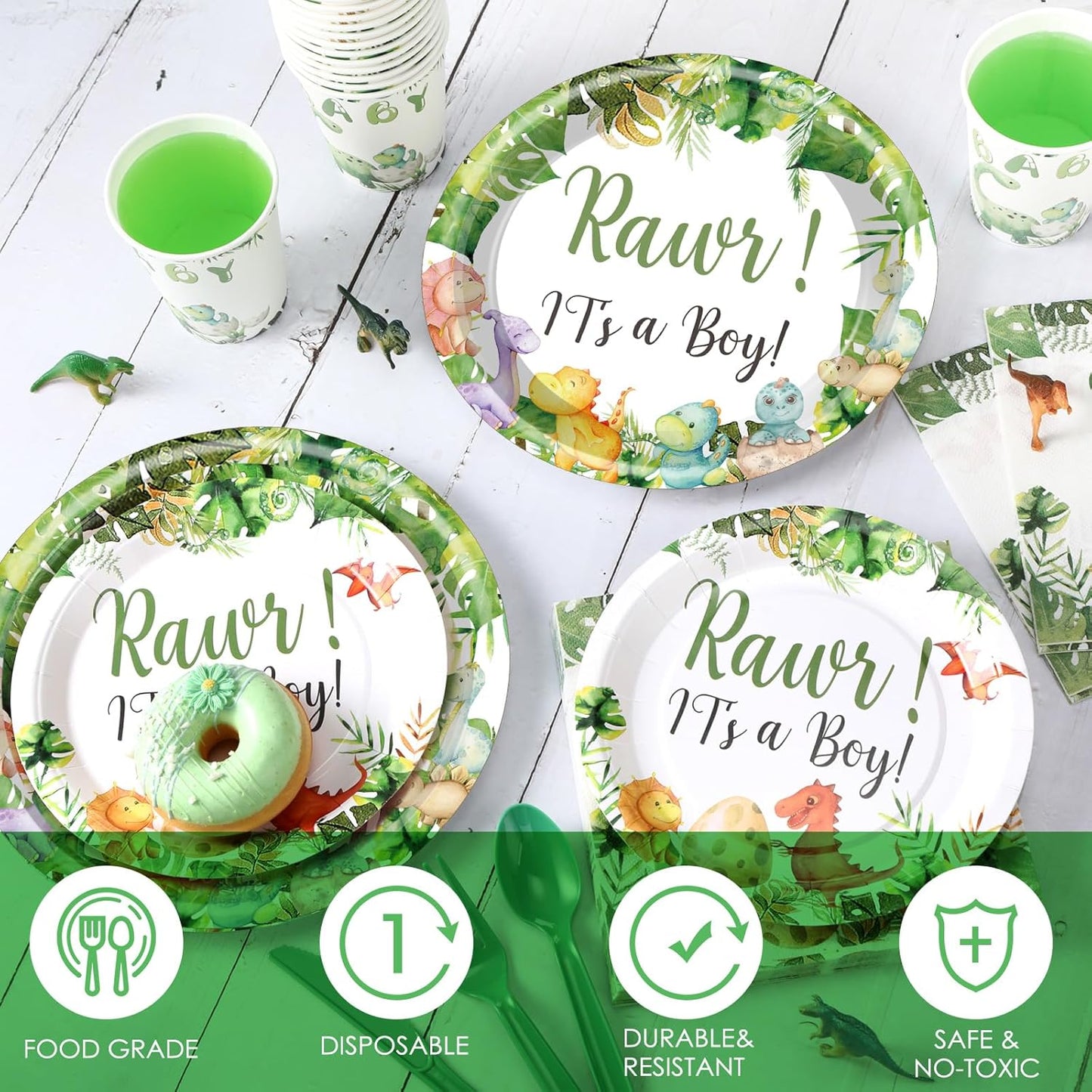 Dandat 350 Pcs Baby Shower Plates Set Baby Shower Party Supplies Serves 50 Tableware Sets Include Plates Napkin Cup Forks Knives Spoons Disposable Dinnerware(Dinosaur,Green)