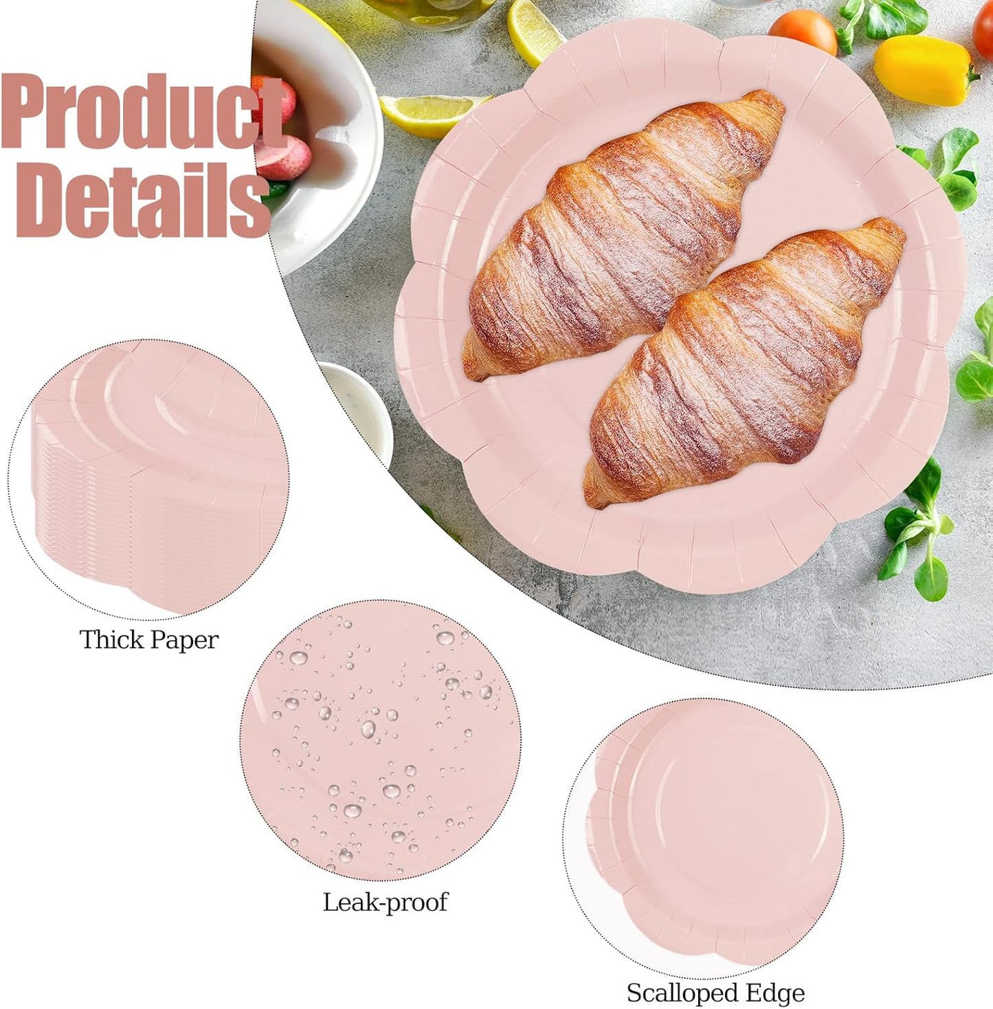 50 Pack Pink Paper Plates 7 Inch, Disposable Scalloped Plates Cake Dessert Plate for Dinner Baby Shower Wedding Bridal Shower Birthday Party Supplies (Pink, 7 inch)