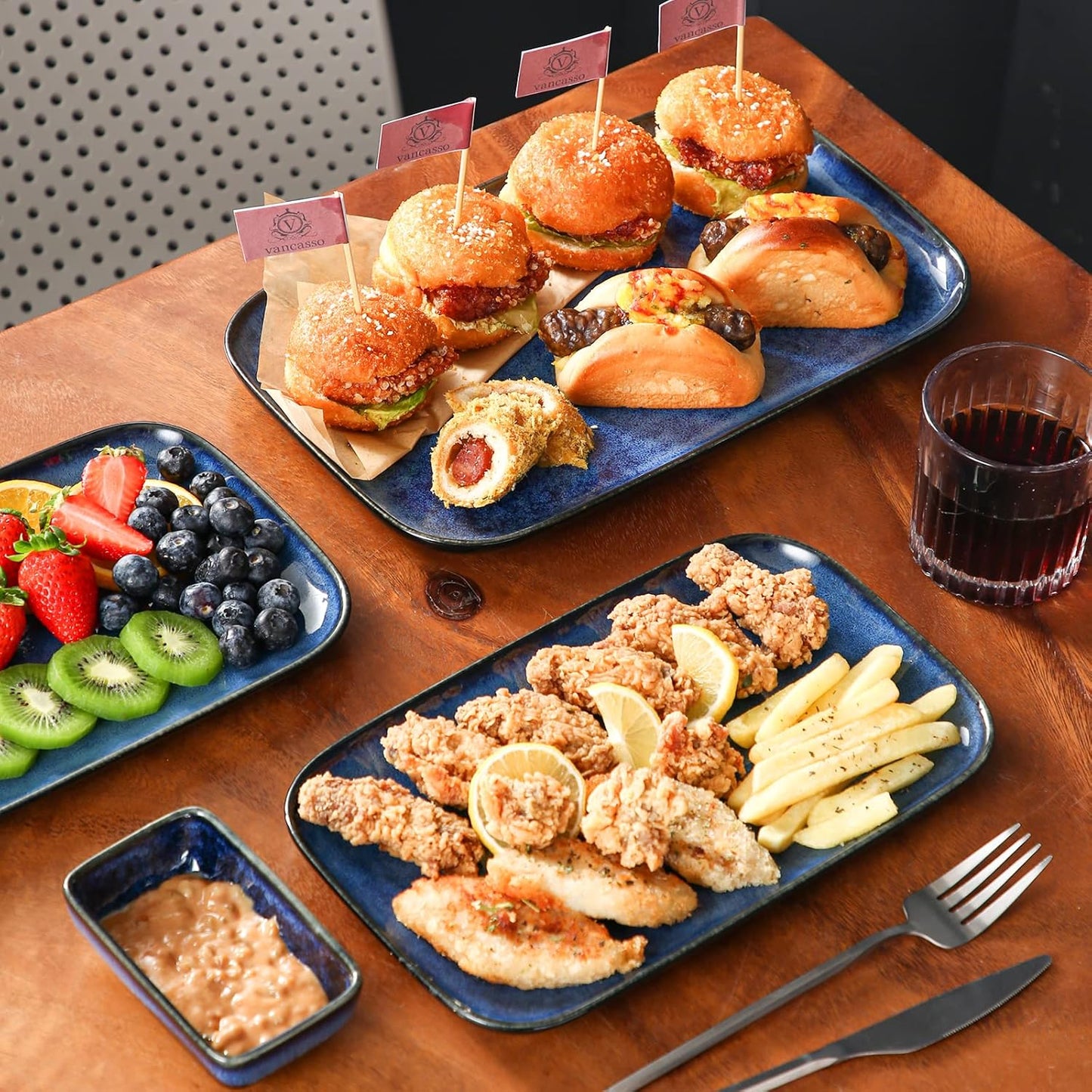 vancasso Stern Serving Platters Set of 3, 15/13/ 11 Inches Rectangular Serving Plates, Blue Serving Trays for Entertaining, Party