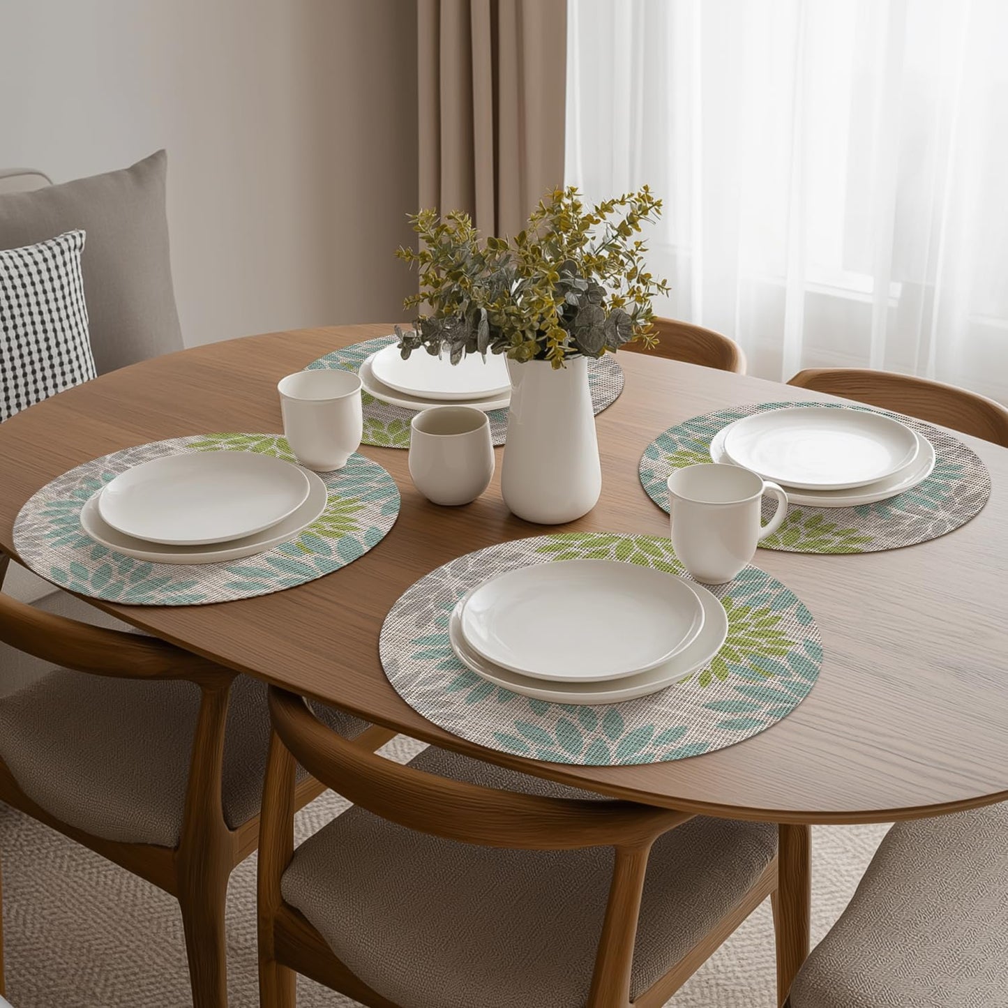 Artoid Mode Light Green Dahlia Plastic Round Placemats Set of 4, 14 Inch Seasonal Wipeable Woven Vinyl Table Mats for Farmhouse Party Kitchen Dining Decor