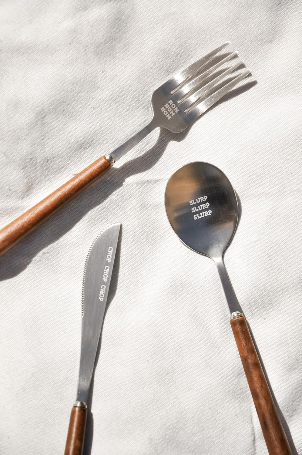 Fun Lightweight Stainless Steel Flatware Set with Walnut (4 Sets, NOM CHOP SLURP)