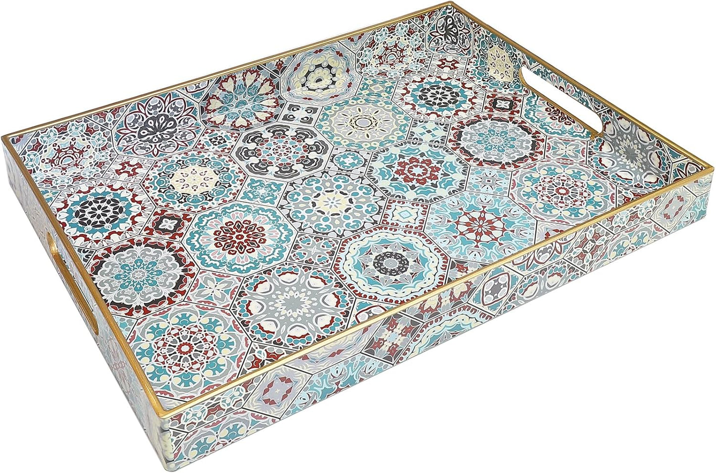 Spsyrine Decorative Serving Tray with Handles, Lacquered Coffee Table Tray for Ottoman, Rectangular Waterproof Platters for Centerpieces, Parties, Living Room, Kitchen Counter Organization SP3040RE2