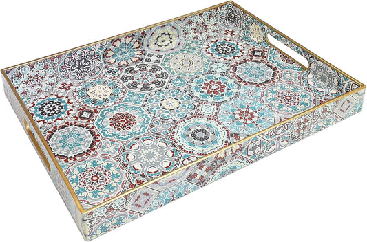 Spsyrine Decorative Serving Tray with Handles, Lacquered Coffee Table Tray for Ottoman, Rectangular Waterproof Platters for Centerpieces, Parties, Living Room, Kitchen Counter Organization SP3040RE2