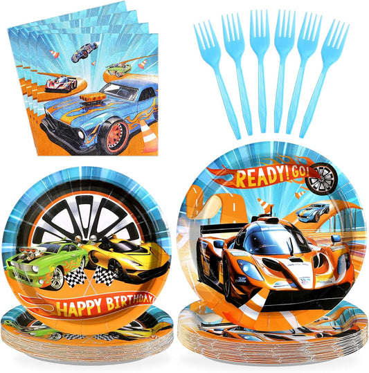 96 Pcs Racing Car Party Supplies Hot Car Tableware Set Disposable Racing Car Plates Napkins Forks Hot Car Birthday Decorations for Kids Boys Birthday Party Race Sports Serves 24