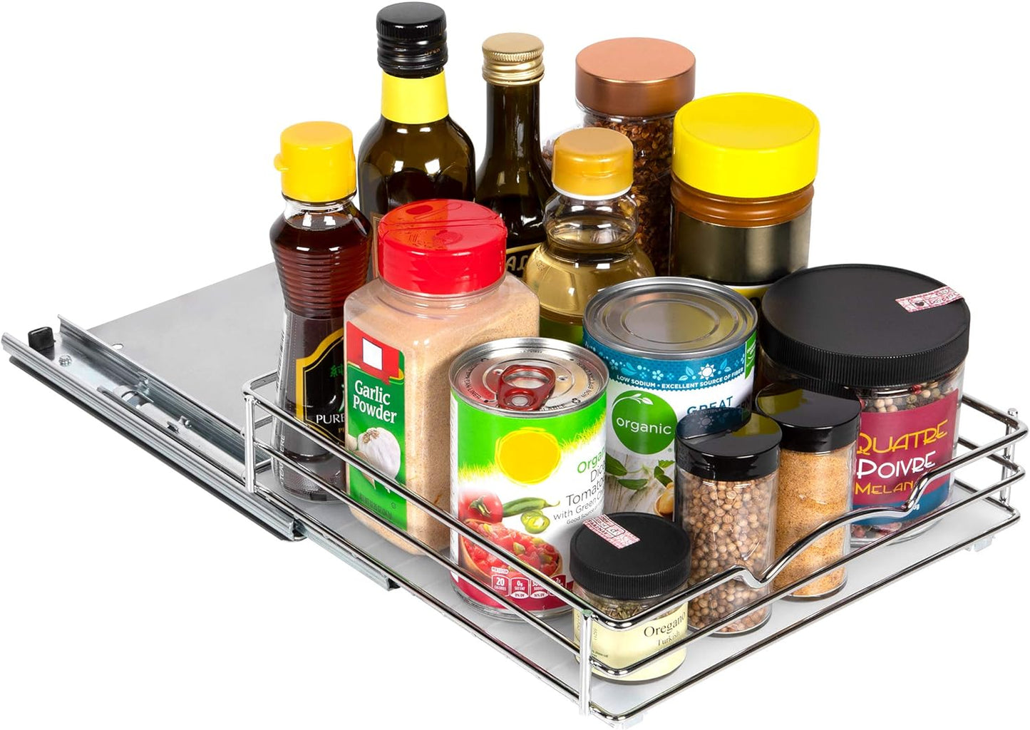 Pull Out Cabinet Organizer for Spices, Cans - Heavy Duty with Lifetime Limited Warranty- Pull Out Spice Rack- Cabinet Pull Out Shelf for Cans,Dishes, Etc, 10"W x 10"D x 2-1/8 H, Chrome