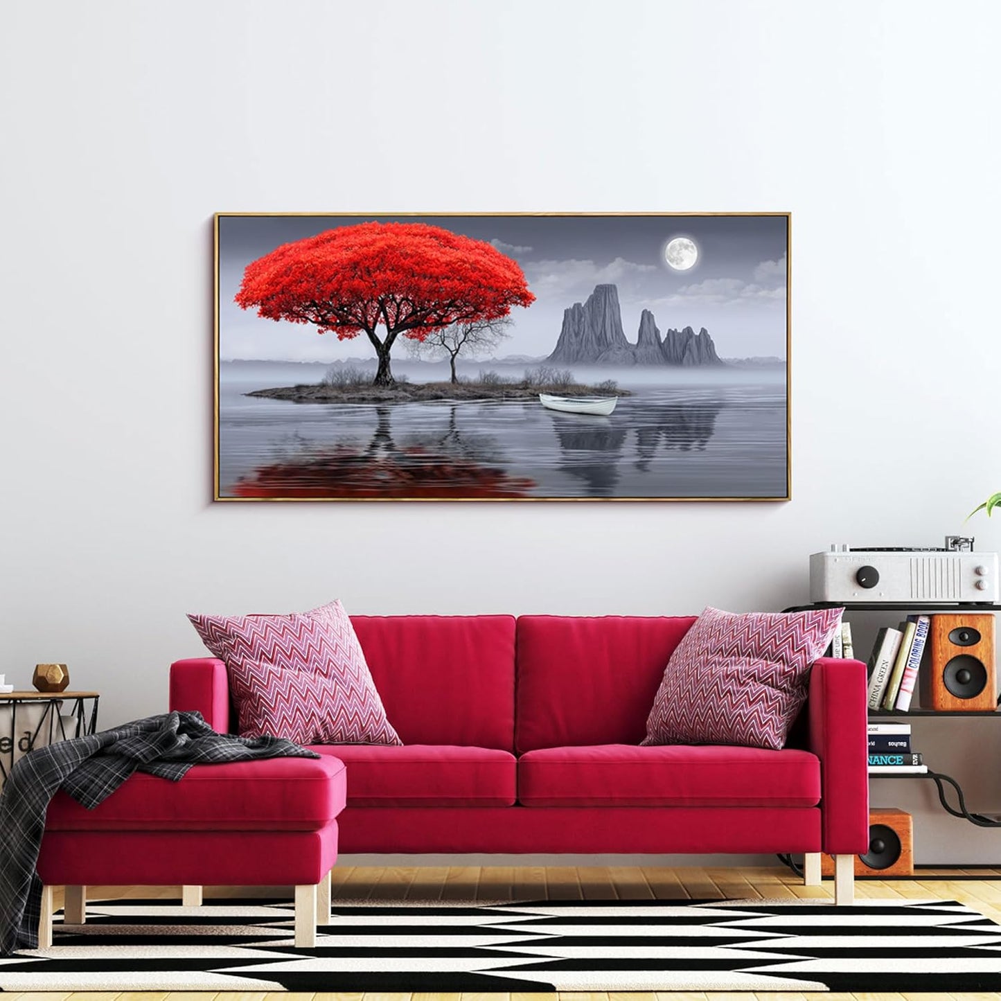 XLSJERST Large Wall Art - Red Room Wall Art Bedroom Decoration Frame Canvas Artwork Moon Landscape Lake Pacture for Living Room Office Black and White Wall Art 20x40 Inches
