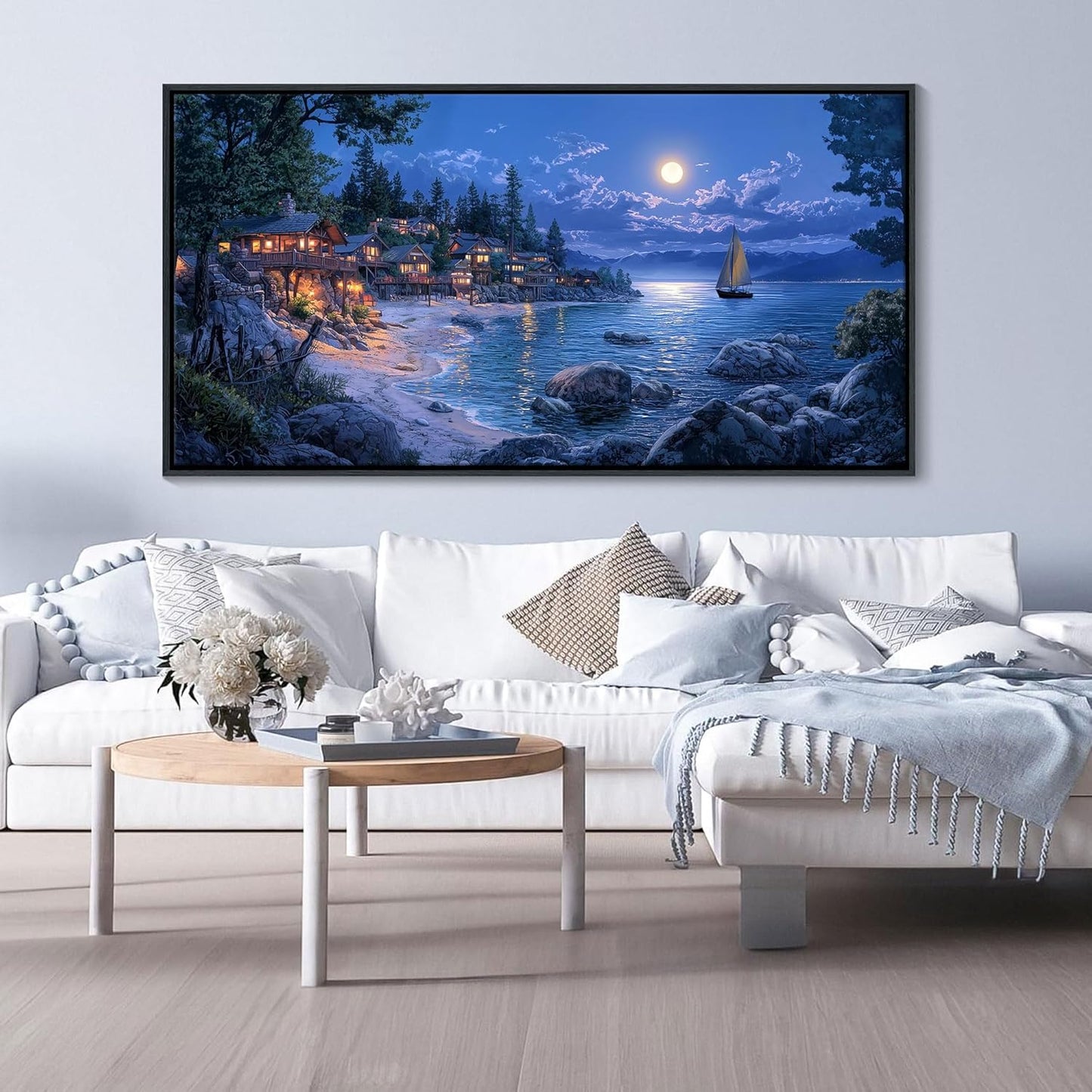 CHATYOUNG Coastal Living Room Wall Art, Large Blue Ocean Moon Night Seashore Canvas Black Framed Wall Pictures Modern Artwork Wall Painting for Bedroom Living Room Kitchen Home Office Decor 29x58 IN