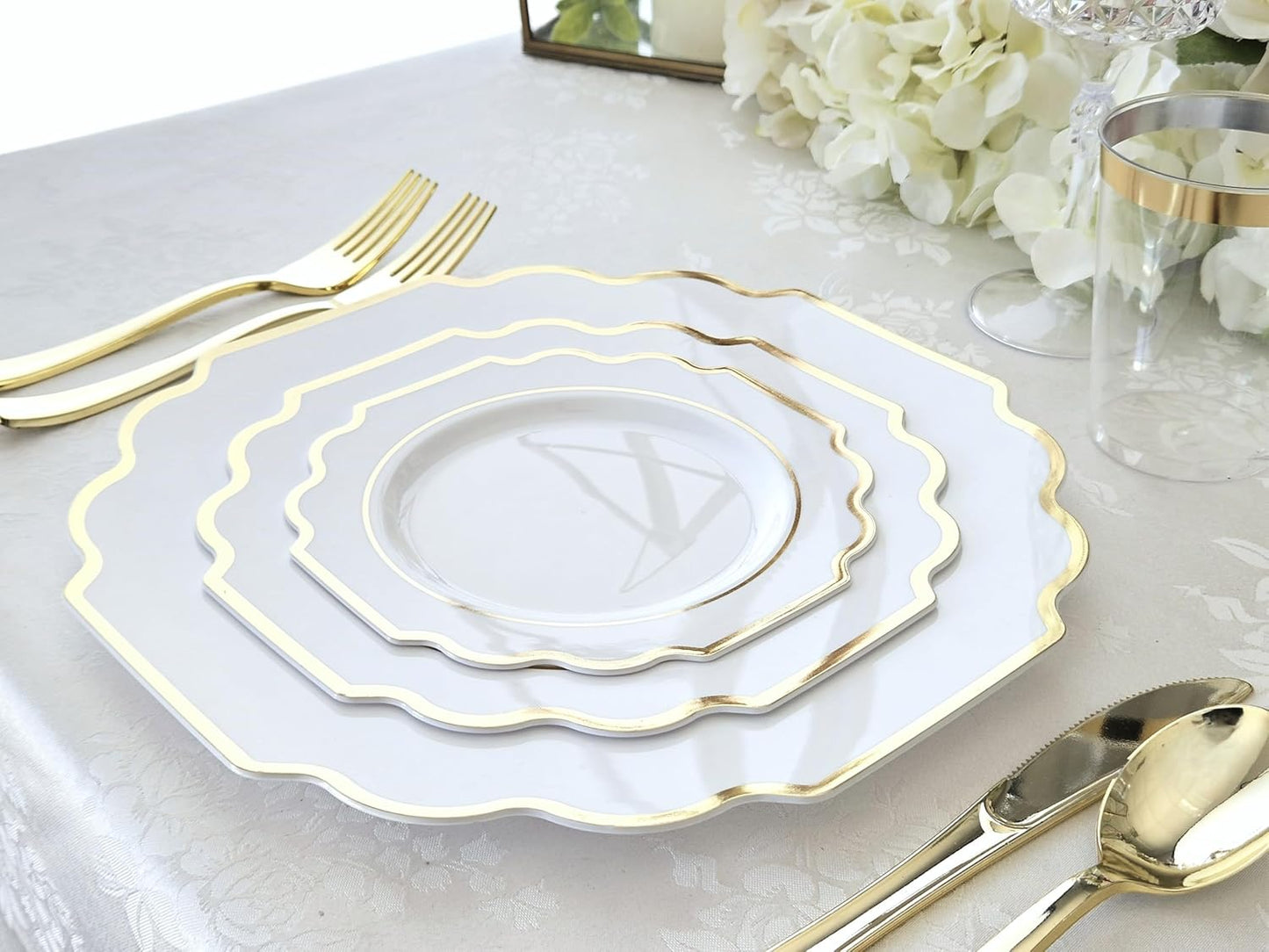 " OCCASIONS " 50 Plates Pack (25 Guests)-Heavyweight Wedding Party Disposable Plastic Plate Set -(25x10.5'' Dinner + 25x8'' Salad/Dessert) (Imperial White & Gold)