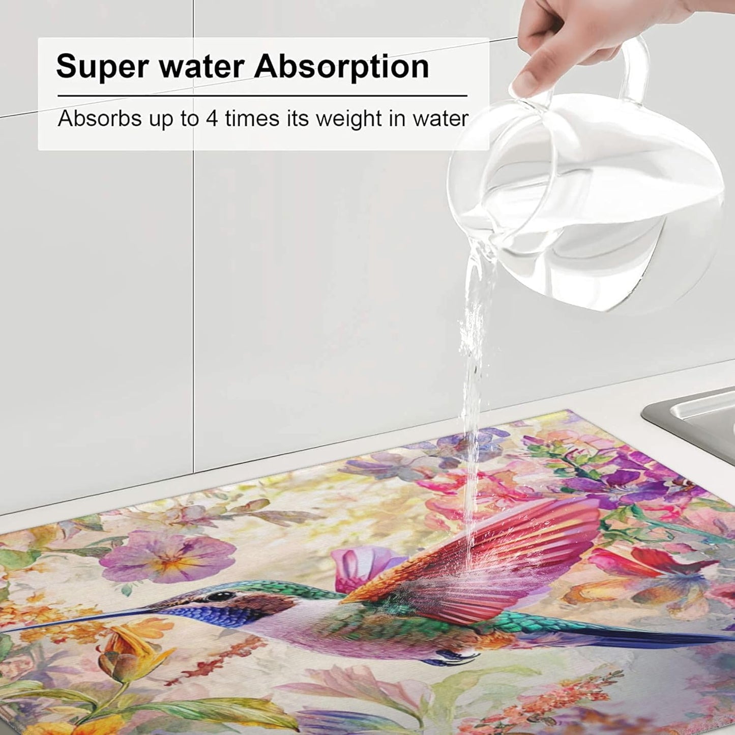 Hummingbird Dish Drying Mat for Kitchen Counter Microfiber Super Absorbent Non-Slip Dish Drying Pad for Countertops Dishes Utensils Stylish Quick-Dry Machine Washable 18x24 Inch