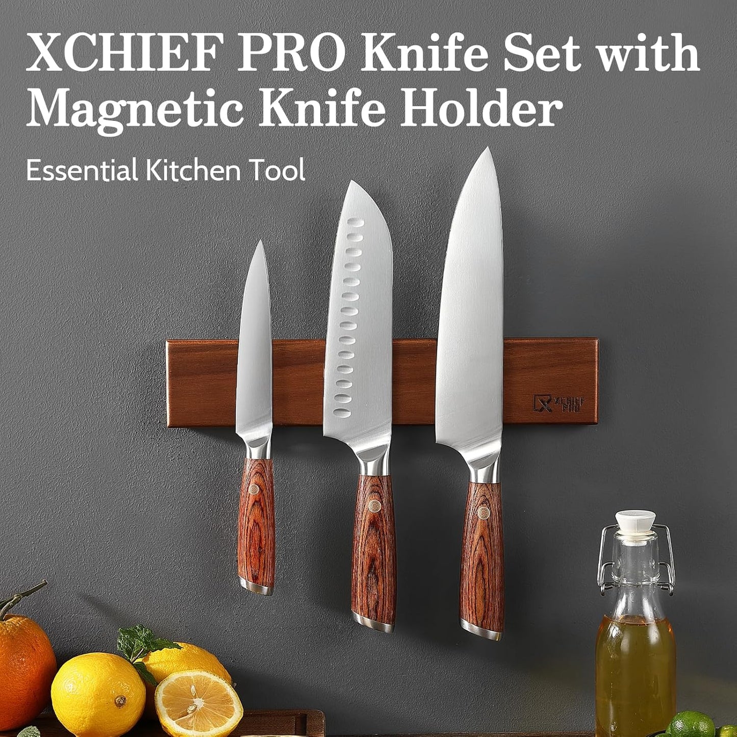 Kitchen Knife Set with Magnetic Holder, 4 Pieces Japanese High Carbon Stainless Steel Chef Cooking Knife Set, Ultra Sharp Professional Chef Santoku Utility Knives (Silver)