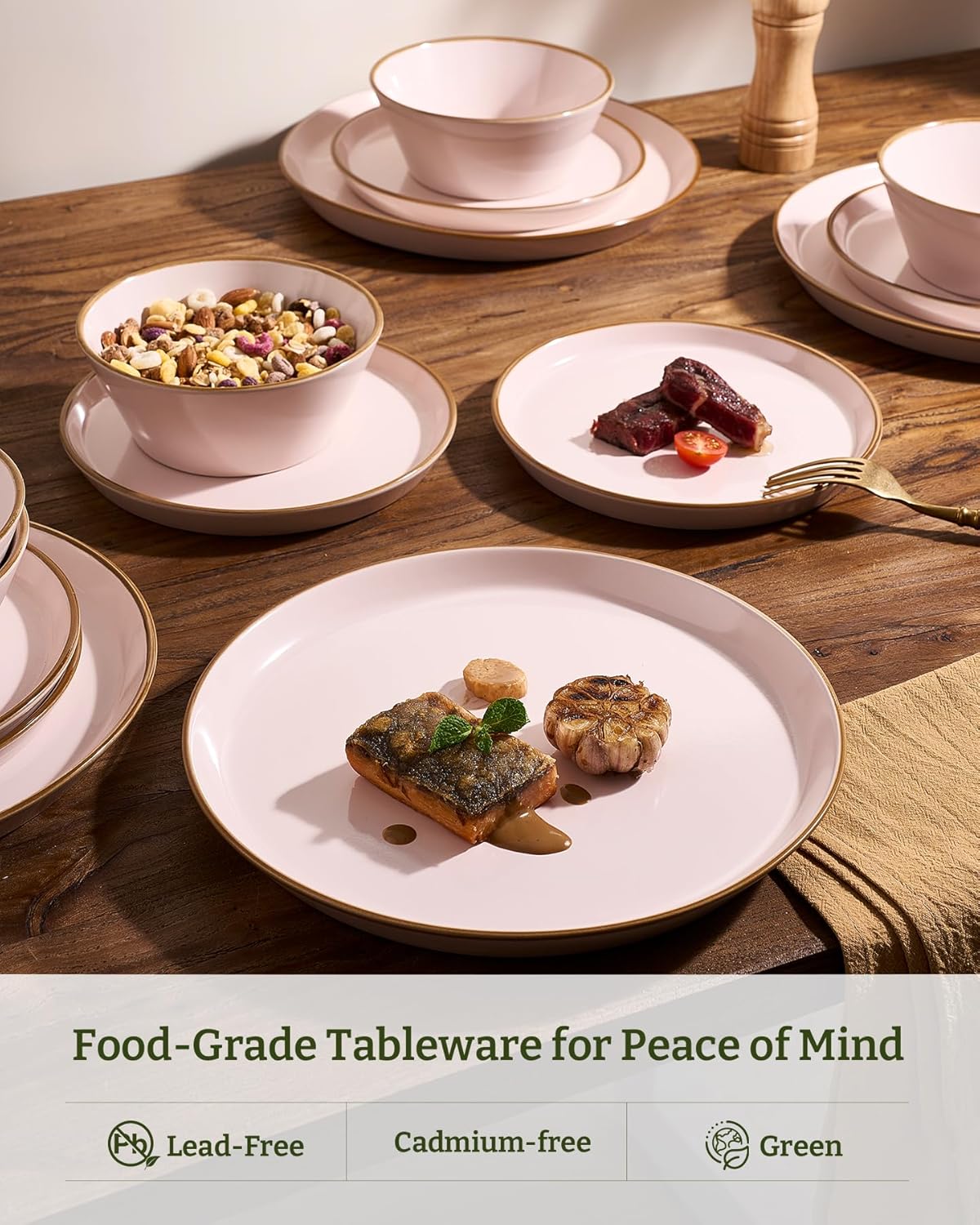 Famiware Saturn Dinnerware Sets, Plates and Bowls Sets for 4, 12 Pieces Stoneware Dish Set - Chip and Scratch Resistant, Microwave and Dishwasher Safe Tableware Set, Light Pink with Rim