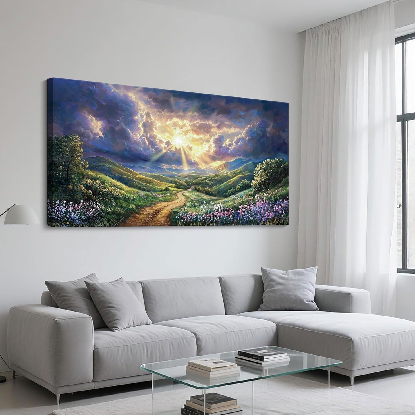 HKDGOKA Large Landscape Canvas Wall Art, Green Mountains Purple Clouds Flower Scenery Canvas Pictures Paintings Artwork for Living Room Bedroom Office Kitchen Home Wall Decor 29x58 IN