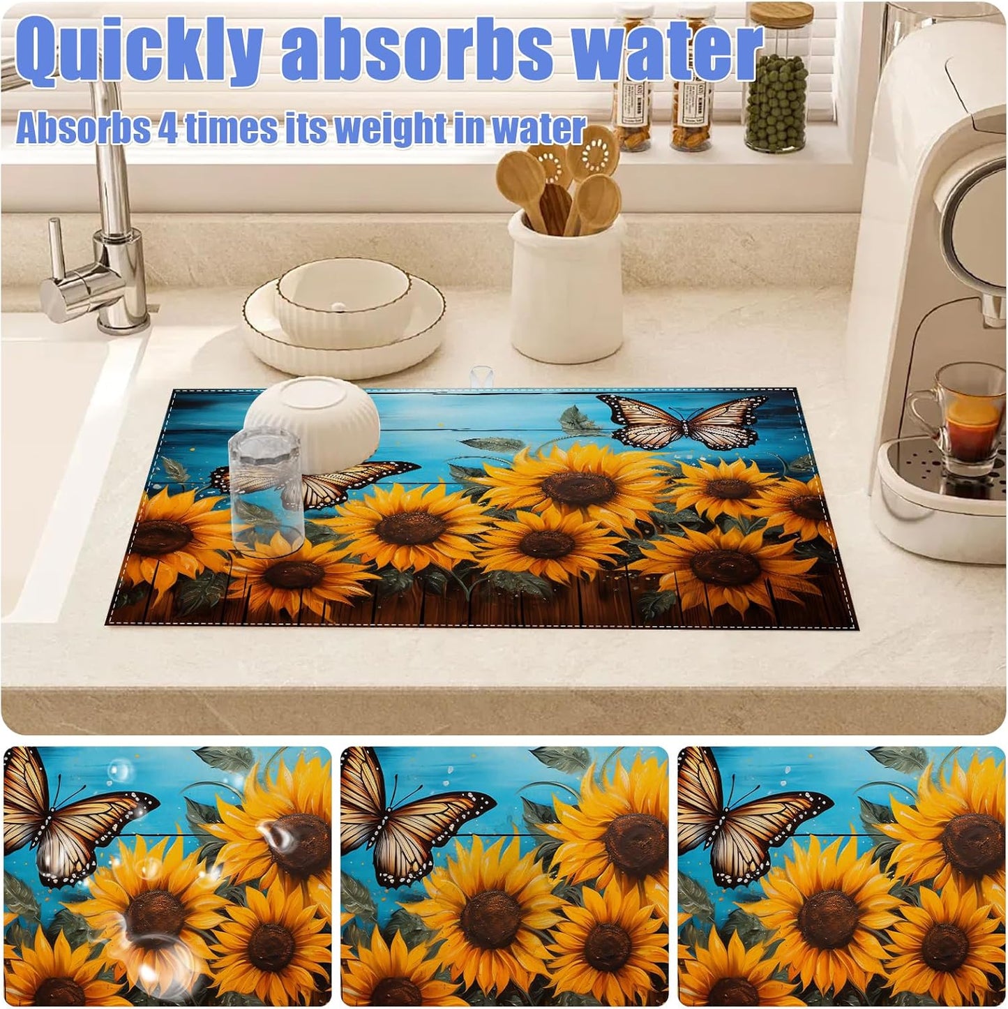 Sunflower Butterfly On Wooden Board Dish Drying Mat for Kitchen Counter Drying Pad Absorbent Reversible Dish Drainer Rack Mats Draining Pad 18"x24"Inch