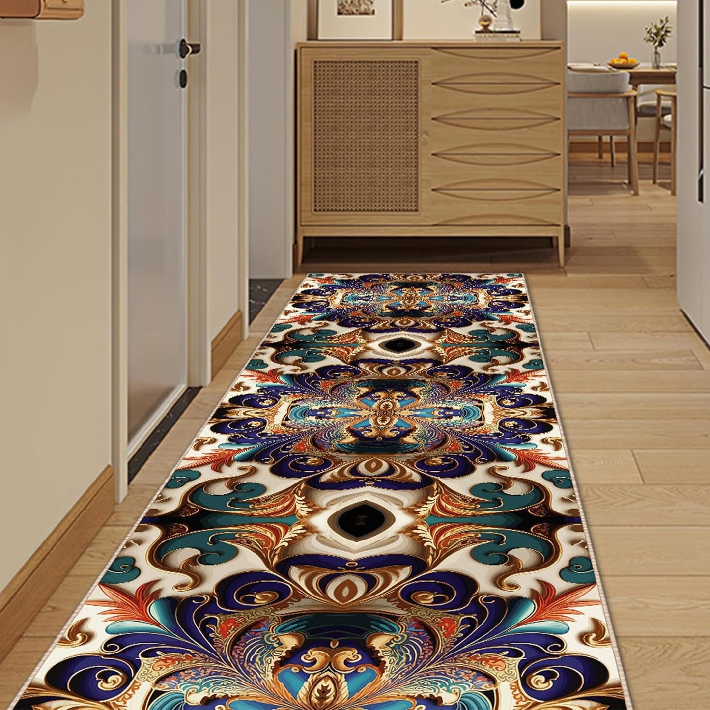 Washable Corridor Runner Rug, Non-Slip Vintage Hallway Rug Runner with Upgrade Rubber Backing, Stain Resistant Faux Wool Distressed Carpet for Bedroom Kitchen Laundry Corridor Balcony (142" x 35.5")