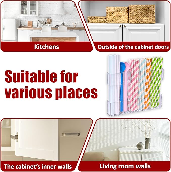 Acrylic Straw Holder for Cabinet Door or Countertop - Clear Organizer & Dispenser for Reusable Tumbler Straws, Space-Saving Kitchen Accessories, Cupboard or Pantry Storage, Strong Adhesive