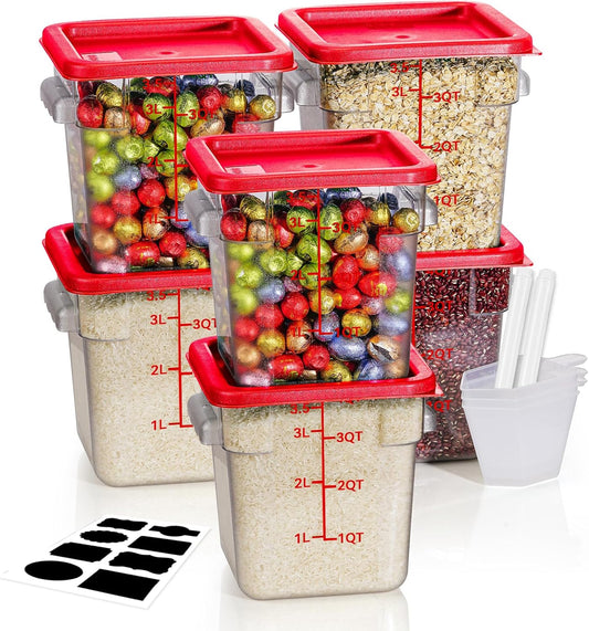 4QT NSF Food Storage Containers: 8 PCS [Food Grade][Hot&Cold Resistant] Commercial Clear Food Storage Containers with Lids for Restaurant Kitchen Proof Dough, Measuring Spoons Included(Red)