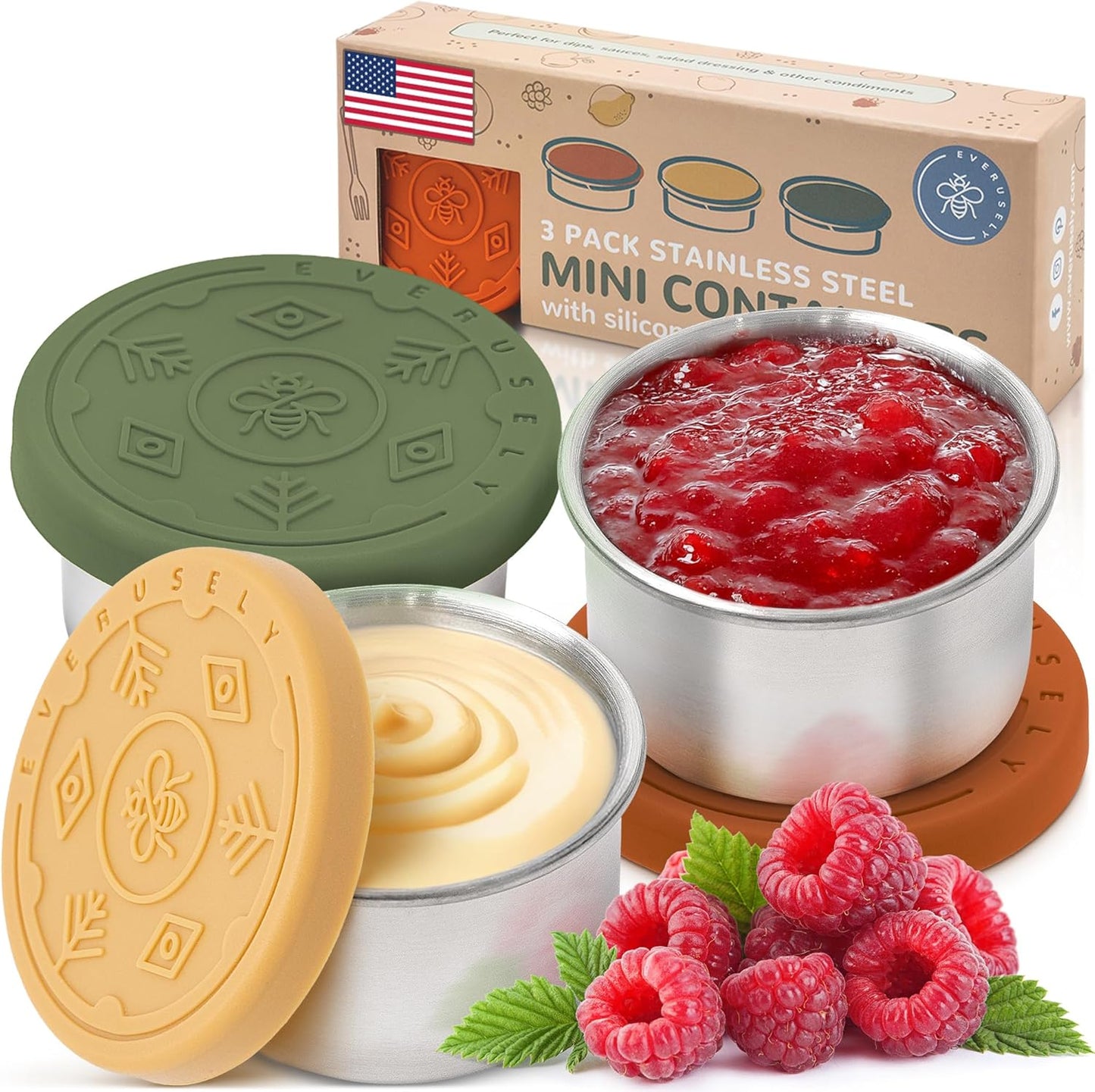 Everusely - Stainless Steel Food Containers - 3 Pack, Muted - Lunch Box - Snack Containers for Office, Home Food Storage - Leakproof with Silicone Lids - Dishwasher & Freezer Safe