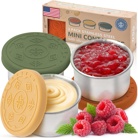 Everusely - Stainless Steel Food Containers - 3 Pack, Muted - Lunch Box - Snack Containers for Office, Home Food Storage - Leakproof with Silicone Lids - Dishwasher & Freezer Safe