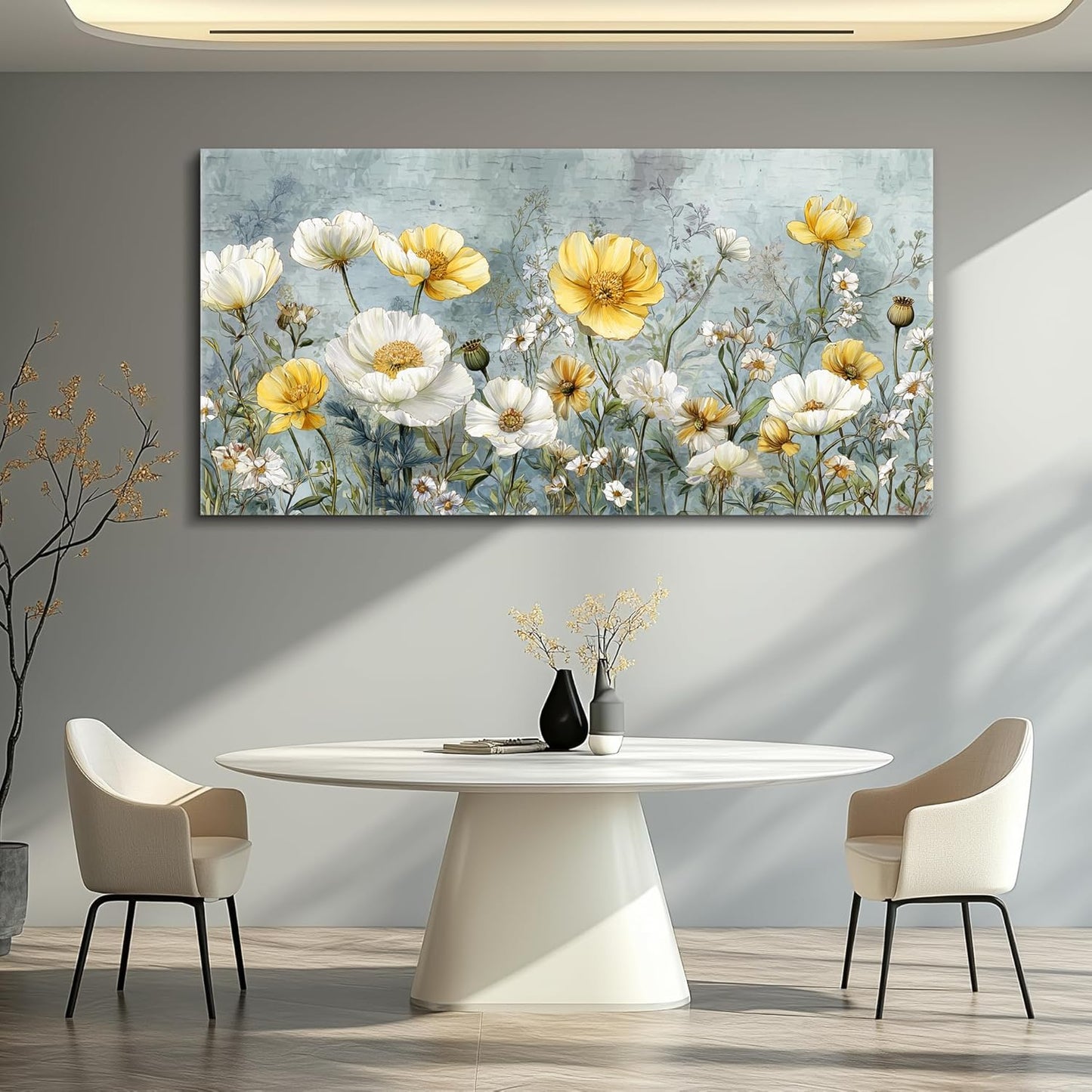 QIYILEXWART Canvas Wall Art For Living Room Large Wall Decor For Office Bedroom Decorations Yellow White Flowers Landscape Pictures Farmhouse Painting Artwork Room Wall Mural Aesthetic Home Decor 30x60 In
