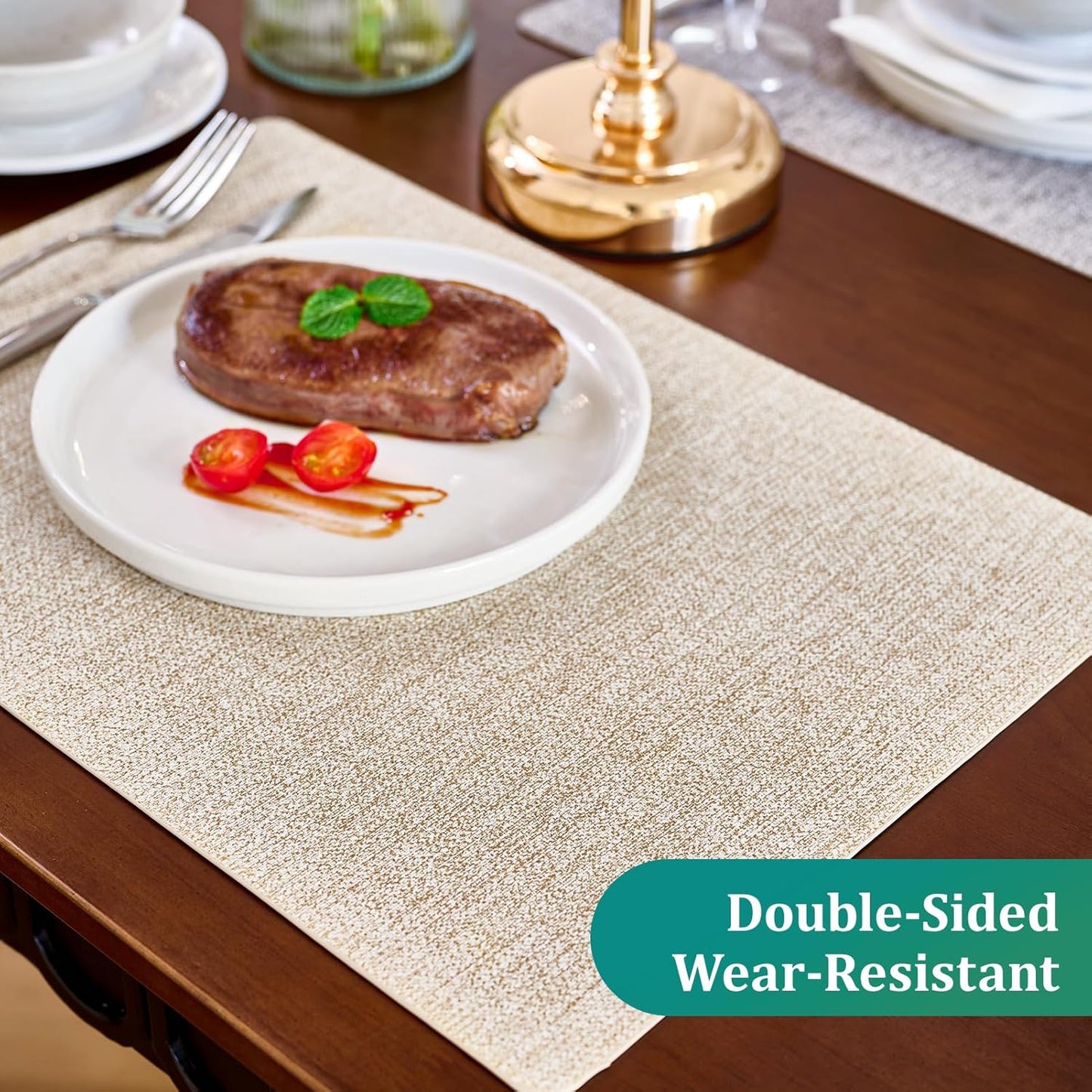 FOCUSLINE Faux Leather Placemats Set of 6, Beige Table Place Mats, Waterproof and Non-Slip Dining Table Mats for Indoor & Outdoor Use