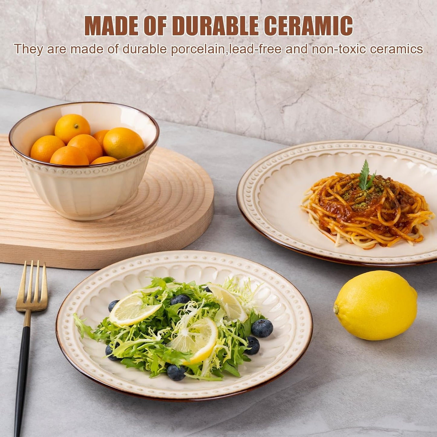 Dinnerware Set Cream White 12 Pieces Service for 4, Stoneware Plates and Bowls Set Stoneware Set, Dishwasher Microwave Safe Dishes set