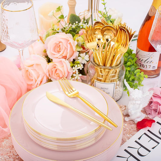 I00000 30 Guests Pink Plastic Plates for Party,Heavy Duty Pink Disposable Plates,Gold Dinnerware Set Include 30 Dinner Plates,30 Dessert Plates,30 Gold Plastic Silverware Set for Party.