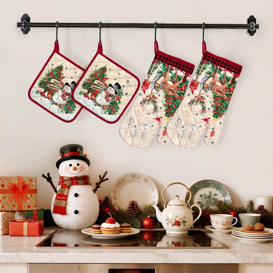 Christmas Deer Snowman Oven Mitts and Pot Holders Sets 4Pcs, 100% Cotton Heat Resistant, Extra Long Oven Gloves Potholder for Kitchen Cooking Baking Decoration