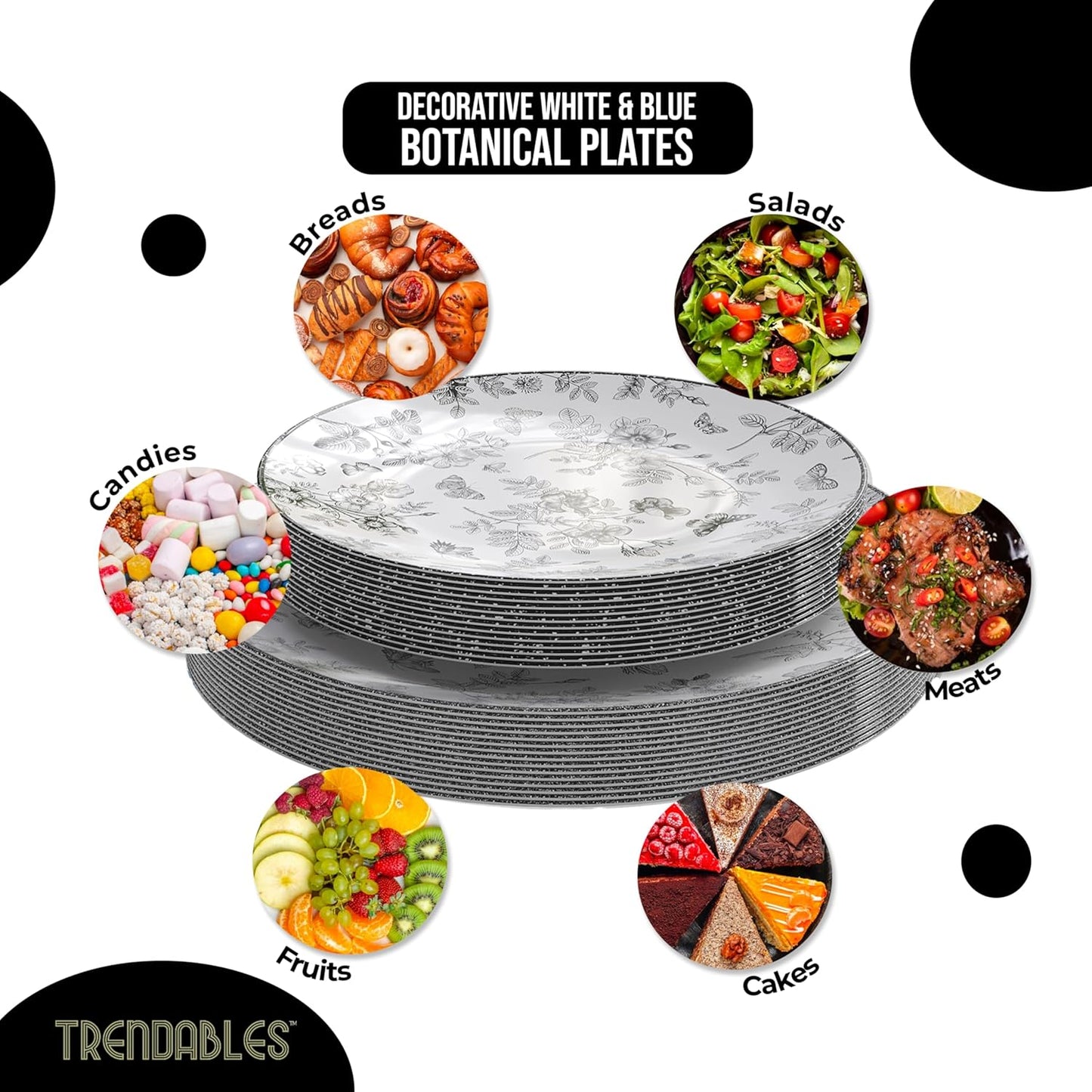 Trendables Disposable Plates For Party Supplies | Black Floral Plastic Plates For Wedding 200 Pcs - 100 X 8" & 100 X 10" Dinner Plate Sets | Floral Plate Set Disposable Plastic Dinnerware Sets