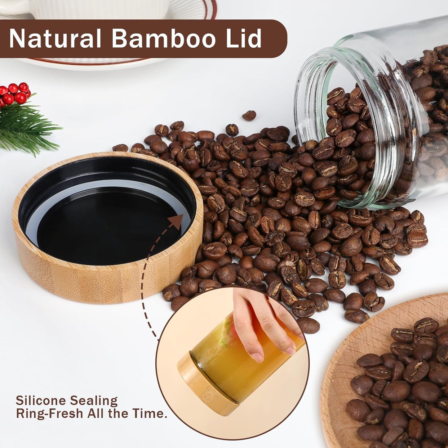 OcePor 4 Pack 16oz Glass Jars with Bamboo Lids, Over Night Oats Container with Airtight Lid, Glass Snack Storage Salad Jars For Food, Yogurt, Sugar and Flour,Coffee Bean, Cookie, Cereal