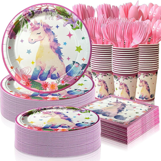 350 PCS Unicorn Birthday Plates and Napkins Sets Includes Disposable Plates Dessert Plates Napkins Cups Plastic Knives Forks Spoons Disposable Dinnerware Set For Unicorn Party (50 Guest)