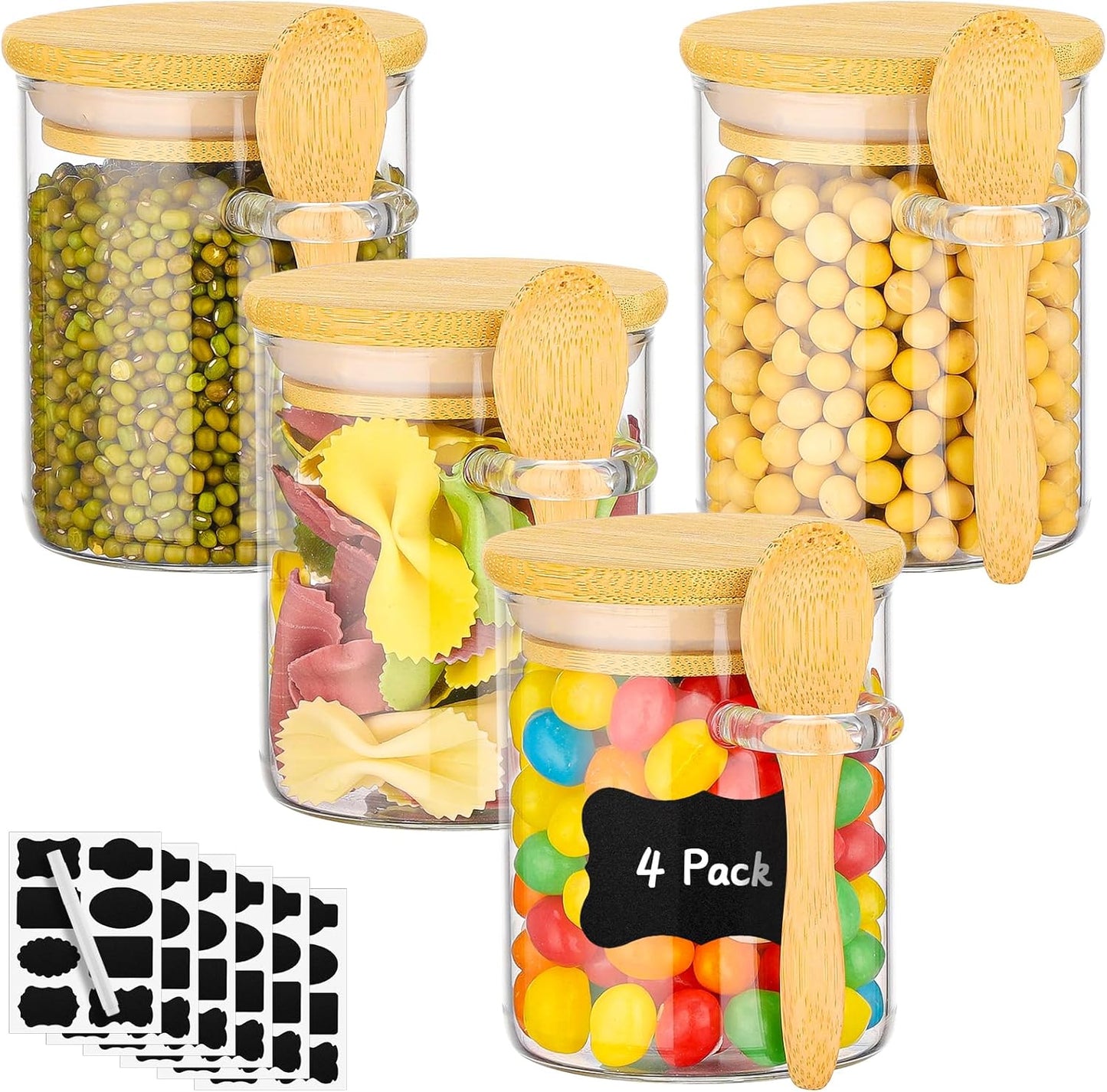 Glass Jar with Bamboo Lids and Spoon - 4 Pack 6 Fl.oz Round Glass Food Storage Jars with Airtight Lid, Includes Labels and Marker, Clear Coffee Sugar Container Set, Loose Tea Canister for Spice