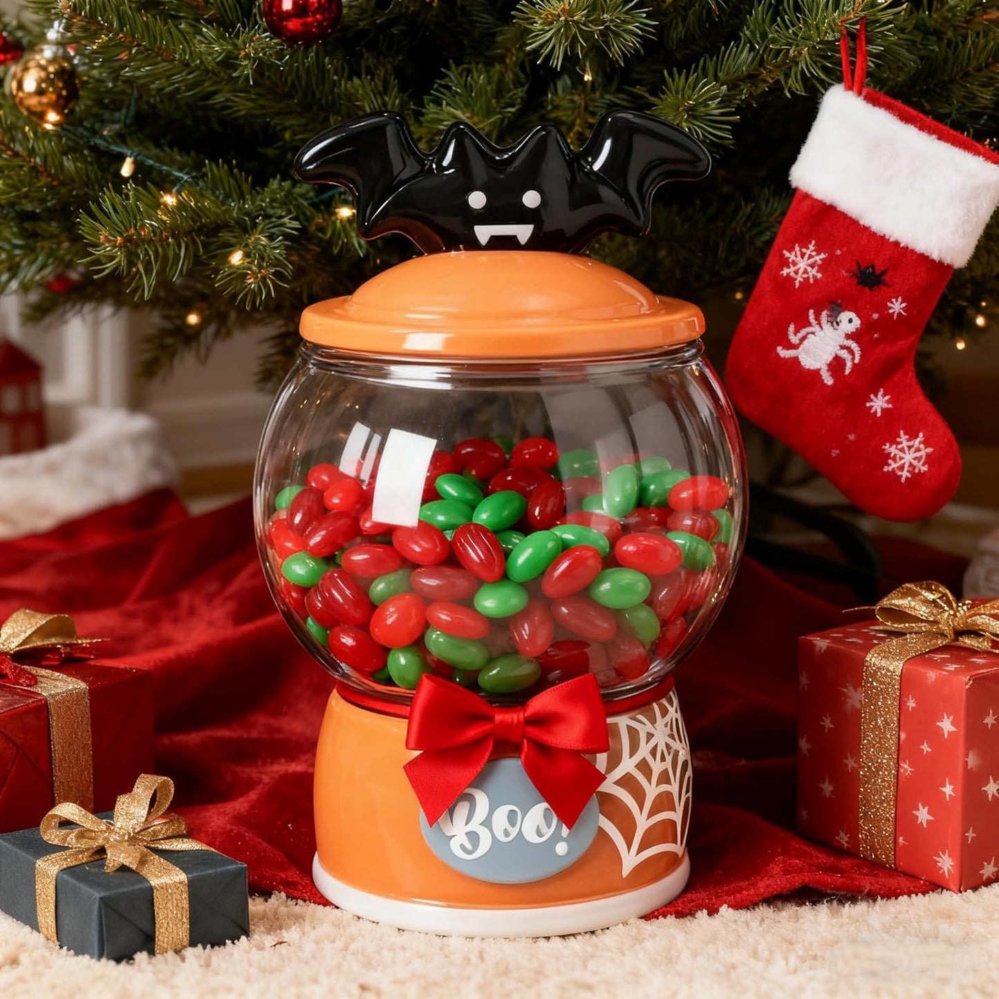 54 oz Halloween Candy Jar & Cookie Jar, Scary Bat Ceramic Lid with Seal, Clear Glass Food Display Jar, Hand-Painted Spider Web Patterned Ceramic Base, Food Jar for Christmas, Kitchen, Rice, Flour