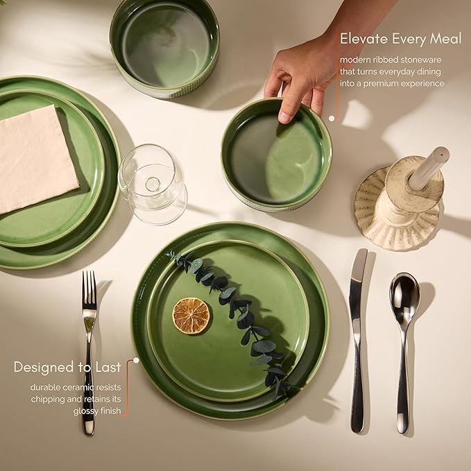 Ceramic Dinnerware Set, by Vase and Vessel, 12-Piece Service for 4, 9.8” Dinner Plates, 8” Salad Plates, 20 oz Bowls, Ombre Reactive Glaze, Durable Stoneware, Microwave & Dishwasher (Moss Green)