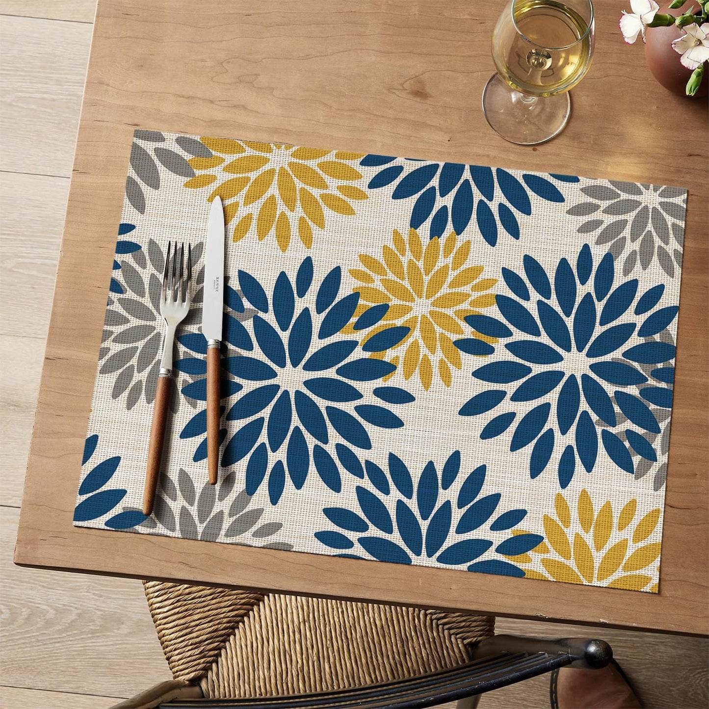 Artoid Mode Floral Vinyl Placemats Set of 6, Heat Resistant Washable Non-Slip Plistic PVC Place Mats for Party Kitchen Dining Decor, Blue Yellow