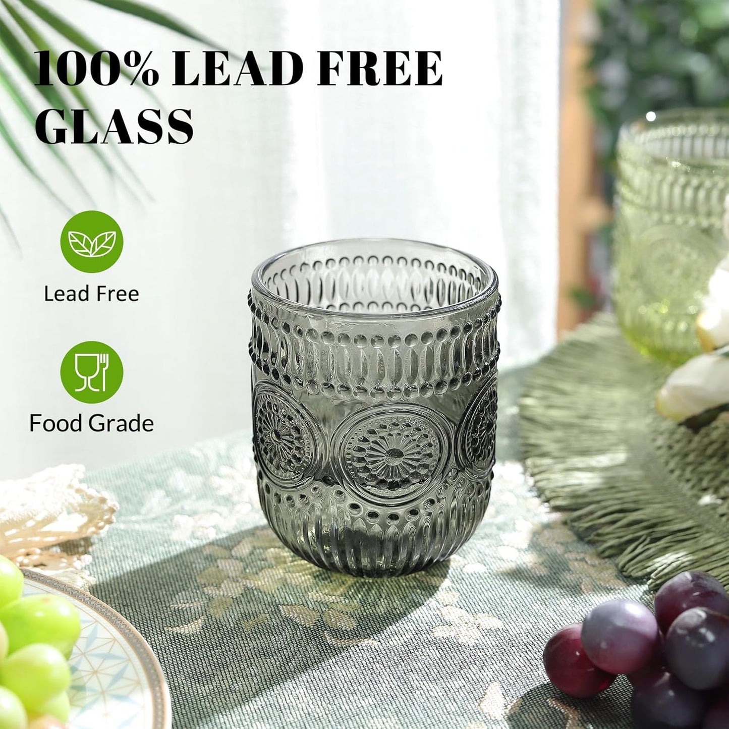 Joeyan Vintage Drinking Glasses Set of 4,9 oz Embossed Sunflower Small Water Glass Tumbler Cups,Colored Romantic Beaded Glassware for Beverages Cocktail Juice Wine,Multicolor,Dishwasher Safe