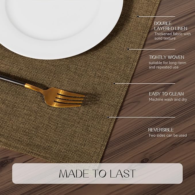 Romanstile Cloth Placemats Set of 8-12 x 18 Inch, Heat Resistant Double Layered Thickened Burlap Place Mats, Washable Faux Linen Farmhouse Table Mats for Kitchen/Dining/Party/Outdoor, Brown