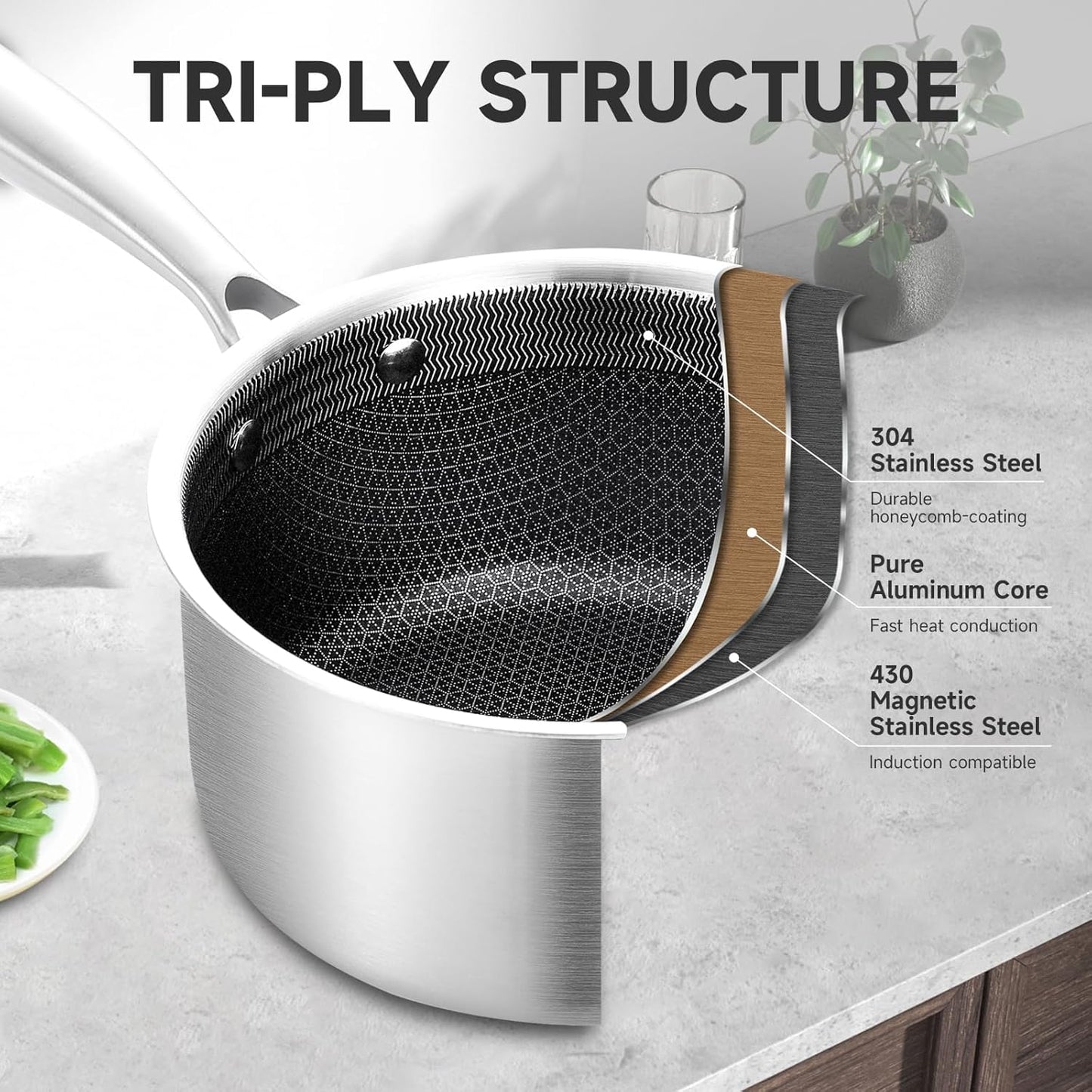 LOLYKITCH 10 Piece Kitchen Cookware Set,Hybrid Tri-ply Stainless Steel Pots and Pans Set,Induction Cookware,Heavy Duty,Dishwasher and Oven Safe.