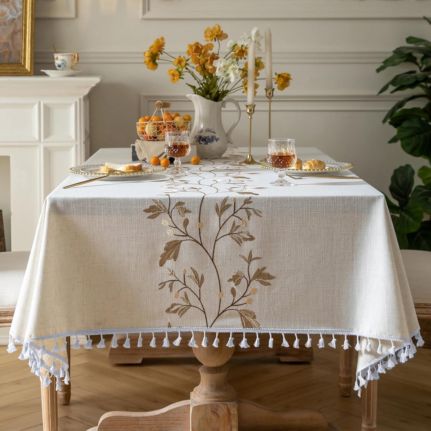 Oubonun Cotton Linen Rectangular Tablecloth - Wrinkle Resistant & Waterproof - Machine Washable Table Cloth with Tassels for Kitchen & Dining, 55''x102'', 8-10 Seats