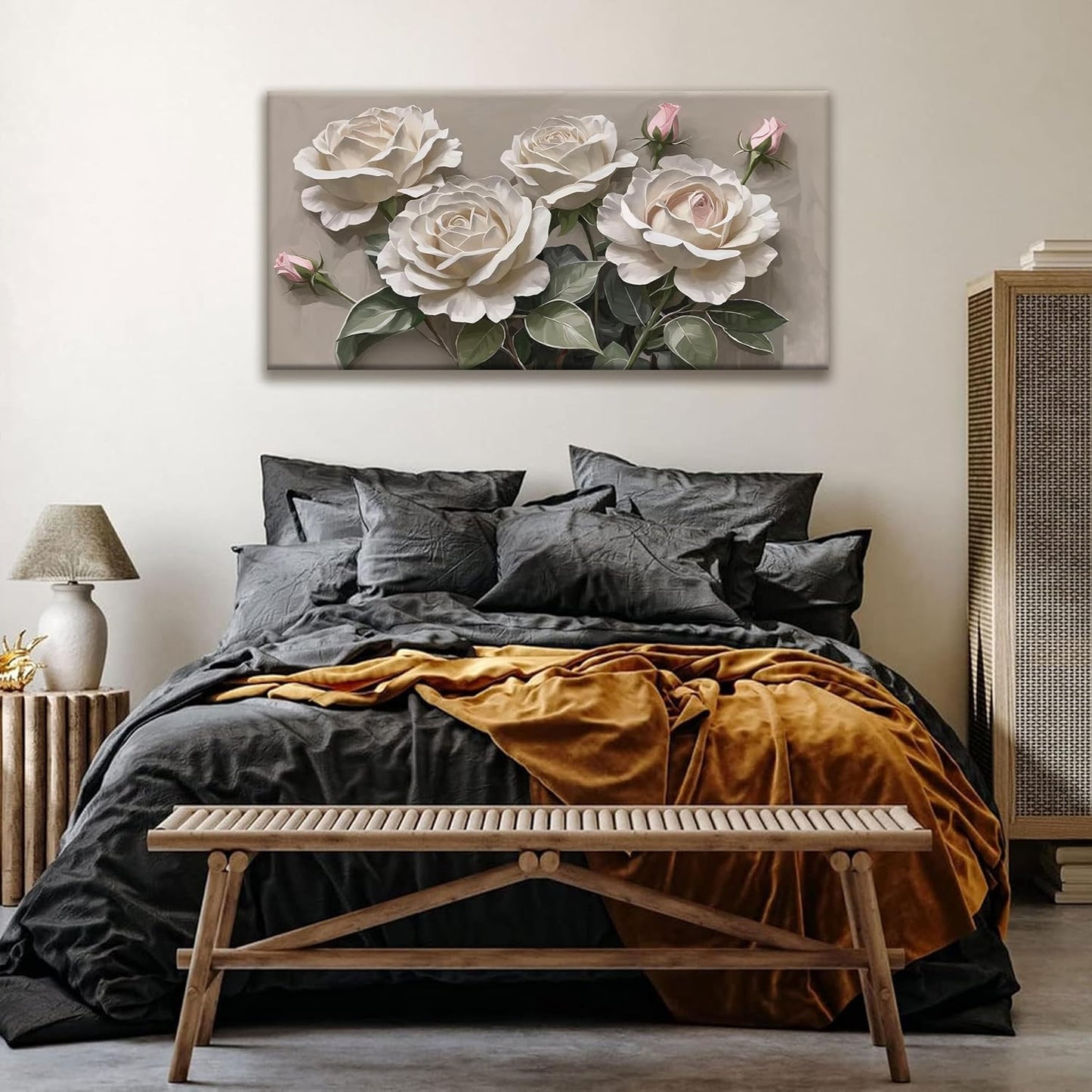 Canvas Art Wall Decor Pink White Floral Wall Art For Living Room Modern Canvas Wall Decor Prints Pictures For Wall White Flower Wall Art For Hotel Artwork 24x48 Inch