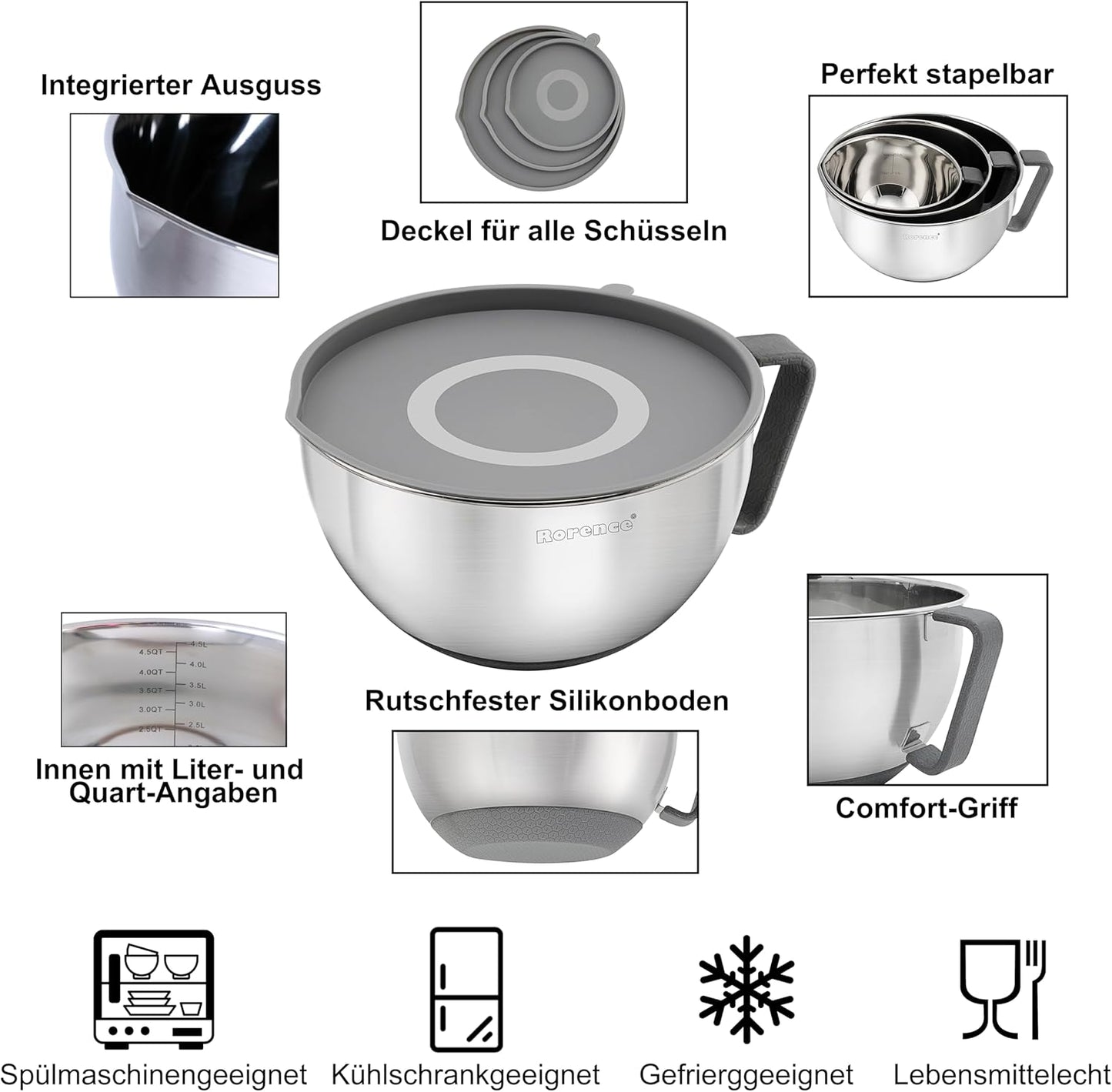 Rorence Mixing Bowls Set: Stainless Steel Non-Slip Bowls with Pour Spout, Handle and Lid - Set of 3 - Gray