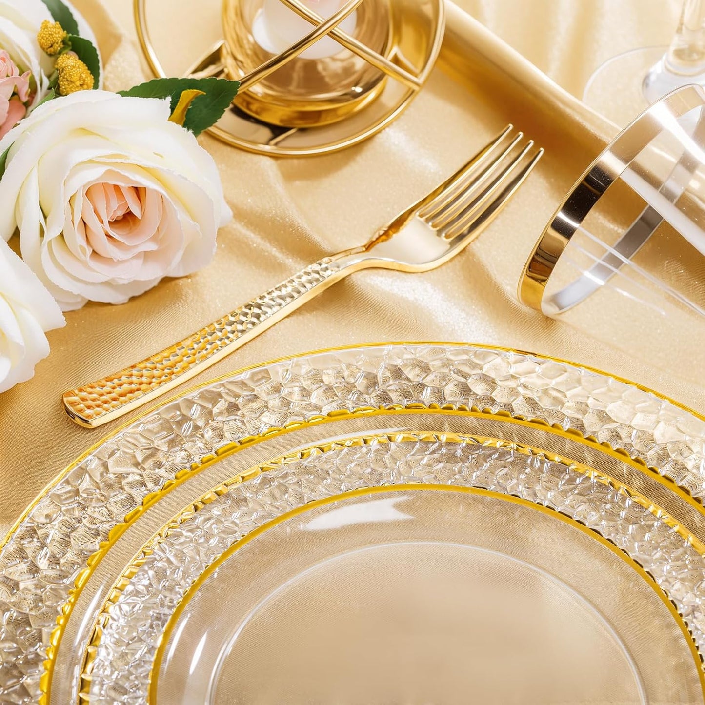 Nervure 150Pcs Clear Plastic Plates with Gold Hammered Silverware include 25Dinner Plate, 25Dessert Plate, 25Knives, 25Forks, 25Spoons and 25Cups for Wedding & Parties & Thanksgiving