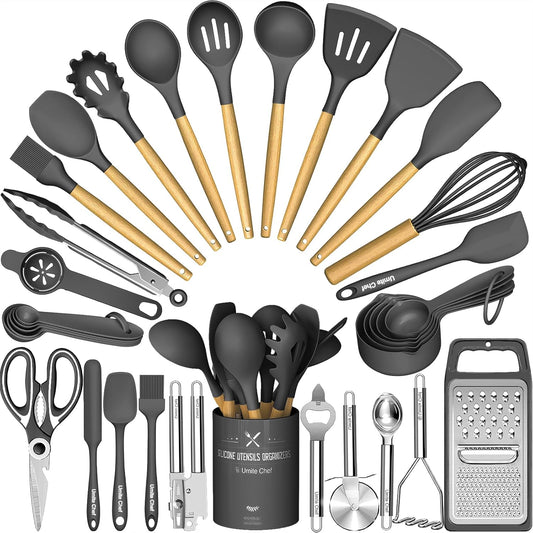 Umite Chef Silicone Kitchen Utensil Set, 34PCS Heat Resistant Kitchen Gadgets and Tools With Grater, Wood Handles for Nonstick Cookware (Dark Gray)