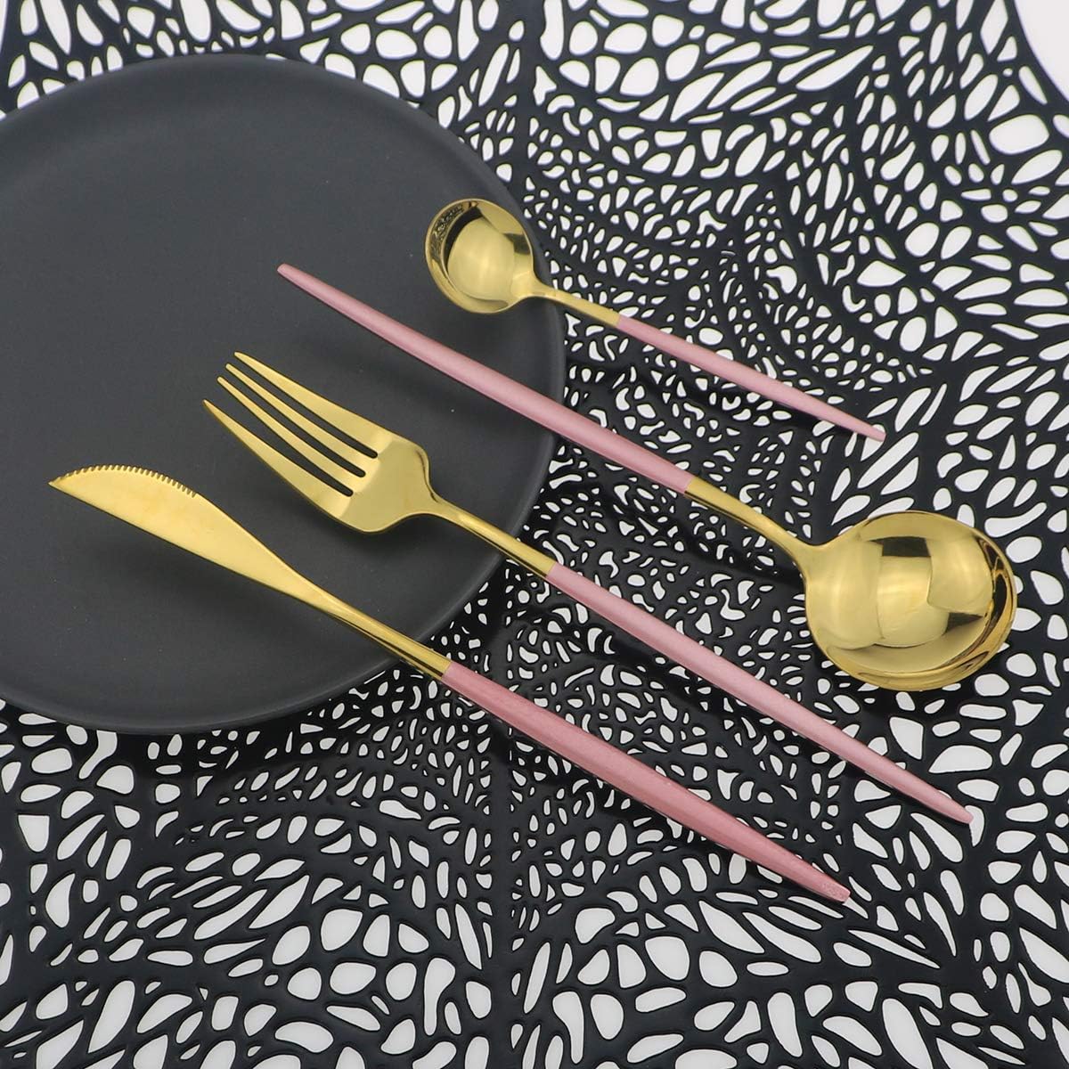 Shiny Silverware Sets, 24-Piece Elegant Cute Pink Handle Gold Cutlery set,304 Stainless Steel Silverware Set for Eating Home Kitchen Hotel Restaurant, Sets for 6 People, Dishwasher Safe