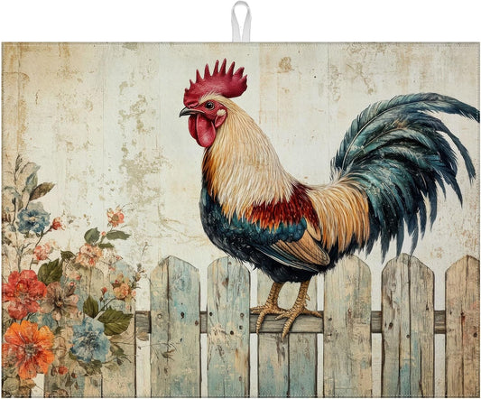 Vintage Rooster Dish Drying Mat for Kitchen Counter Farmhouse Drying Pad Absorbent Reversible Dish Drainer Rack Mats Draining Pad 18"x24"Inch