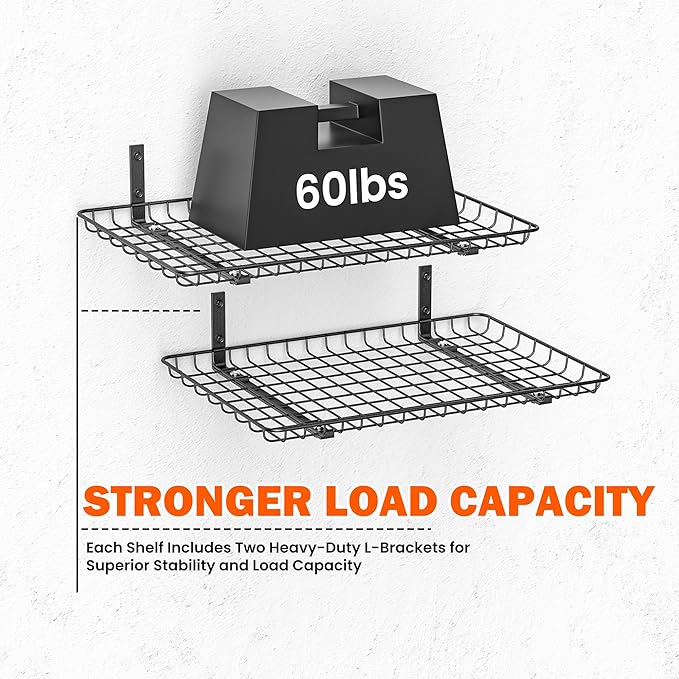 Ultrawall Wall Mounted Storage Shelf, Garage Wall Shelves 24x12 Inch, Metal Shelf Rack, Heavy-Duty Wall Organizer for Closet, Kitchen, Laundry Room 2 Pack, Black