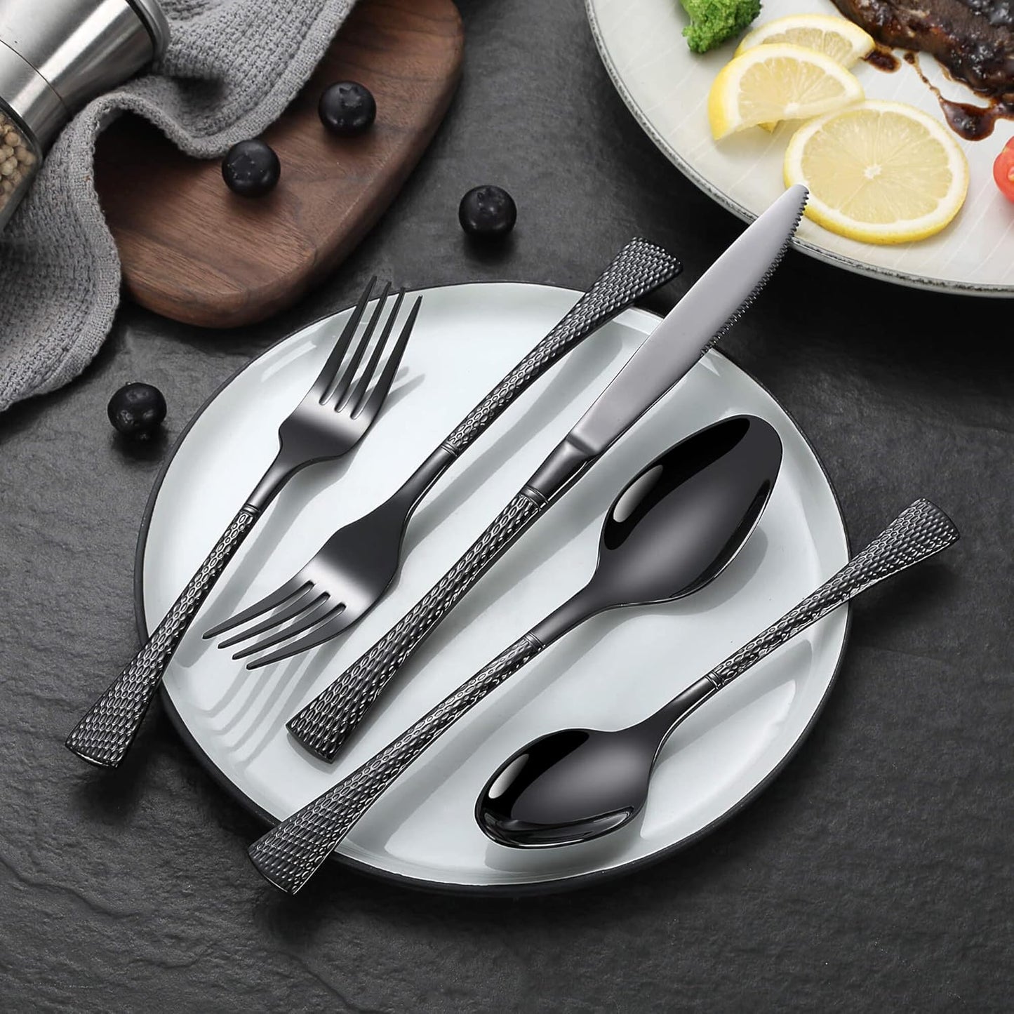 Lemeya Hammered Black Silverware Set for 8,Stainless Steel 40-Piece Modern Cutlery Set,Mirror Polished Heavy Duty Flatware Set Utensil Set,Knives Spoons and Forks Set,Dishwasher Safe