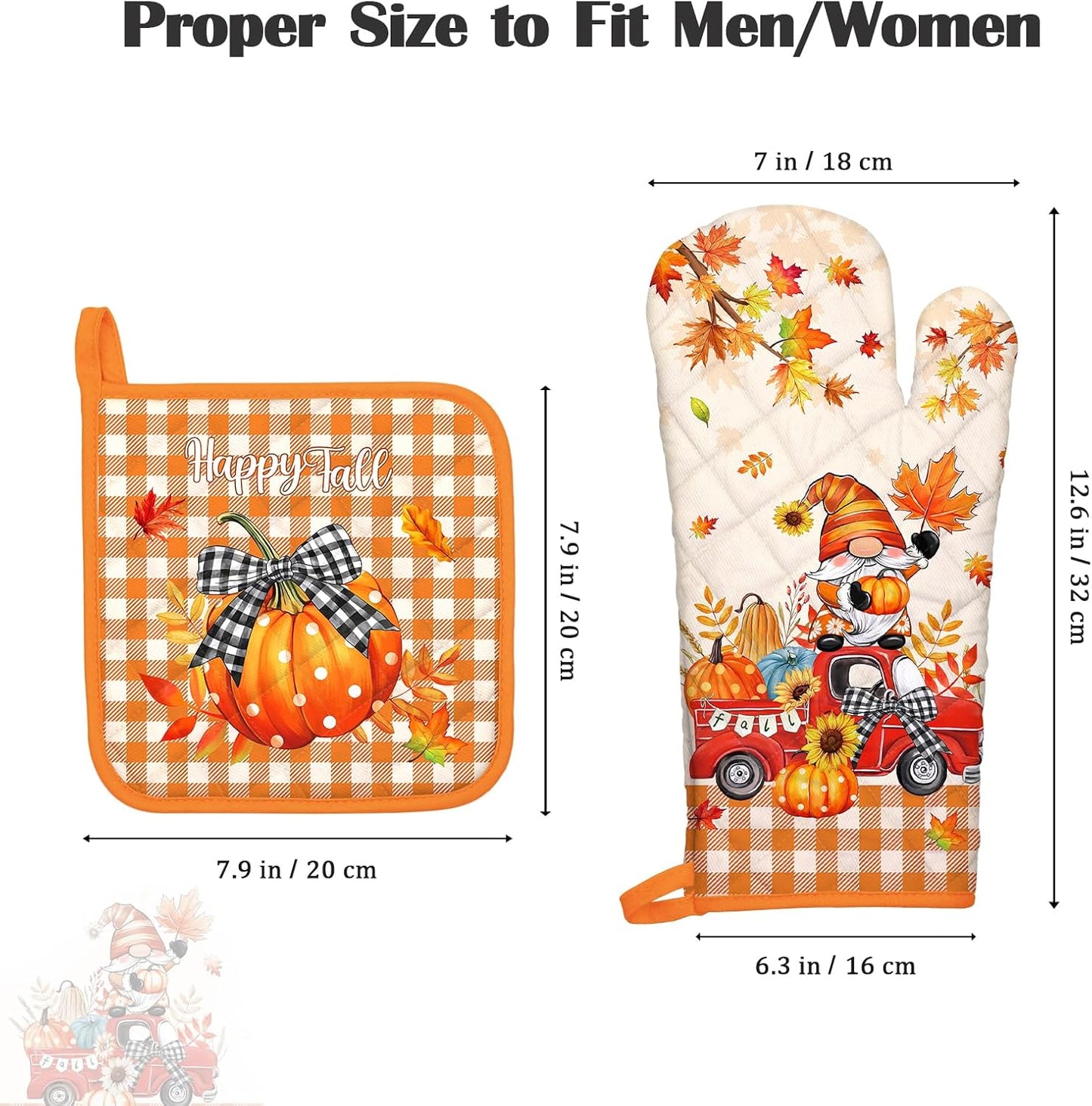 Fall Pumpkin Gnome Oven Mitts and Pot Holders Sets 2Pcs, 100% Cotton Heat Resistant, Extra Long Oven Gloves Potholder for Thanksgiving Kitchen Cooking Baking Decoration