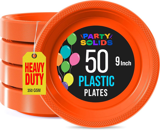 Exquisite Party Solids Orange Plastic Plates For Party Supplies 9" Orange Disposable Plates Heavy Duty 50 Pcs Plastic Dinnerware Sets Heavy Duty 350 GSM Disposable Dinnerware Set