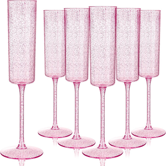 YOUBET 24 Pack Plastic Champagne Flutes - 6 Oz Rose Gold Glitter Disposable Champagne Glasses - Pink Square Plastic Wine Cups Wedding Toasting for Party Birthday Anniversary